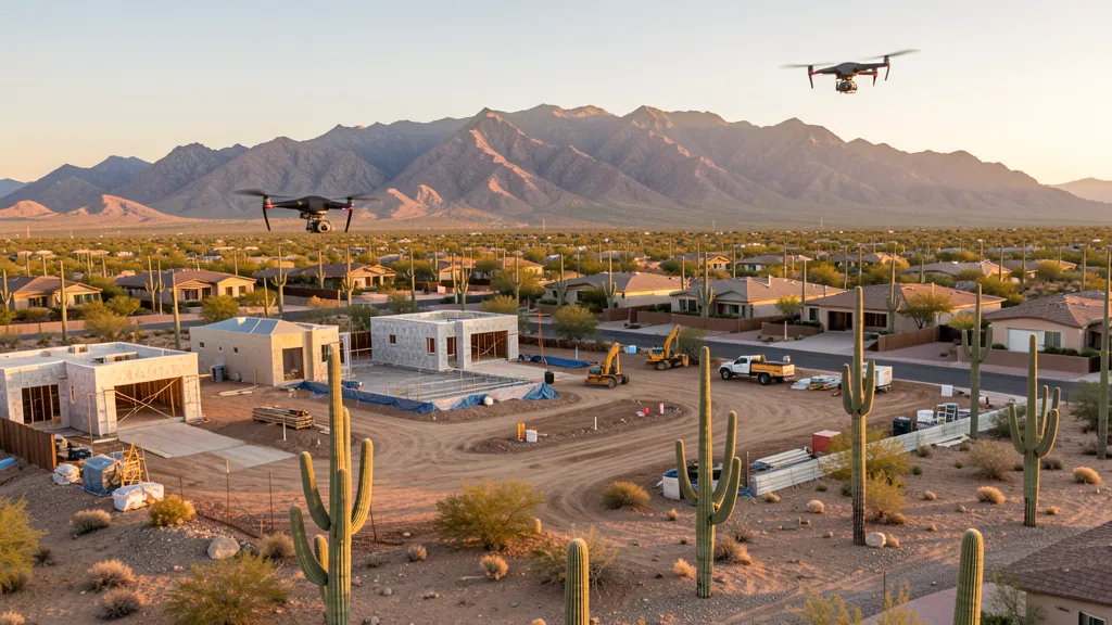 aerial imaging in progress at a construction site in Tucson, AZ with local terrain visible