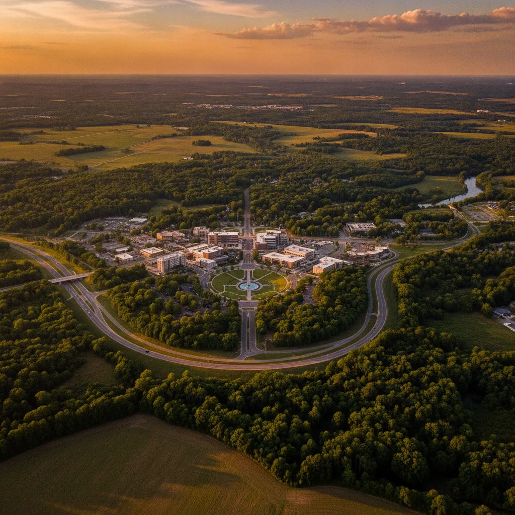 Aerial view of Tupelo, MS showing the local landscape and terrain relevant to aerial imaging operations