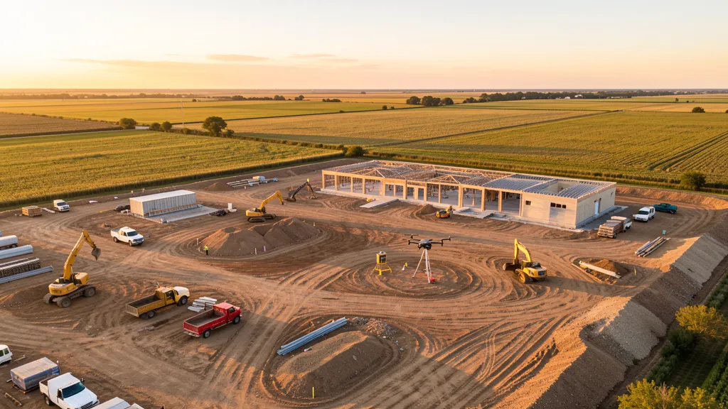 aerial imaging in progress at a construction site in Urbana, IL with local terrain visible