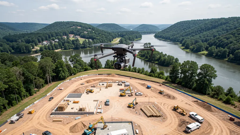 aerial imaging in progress at a construction site in Van Buren, AR with local terrain visible