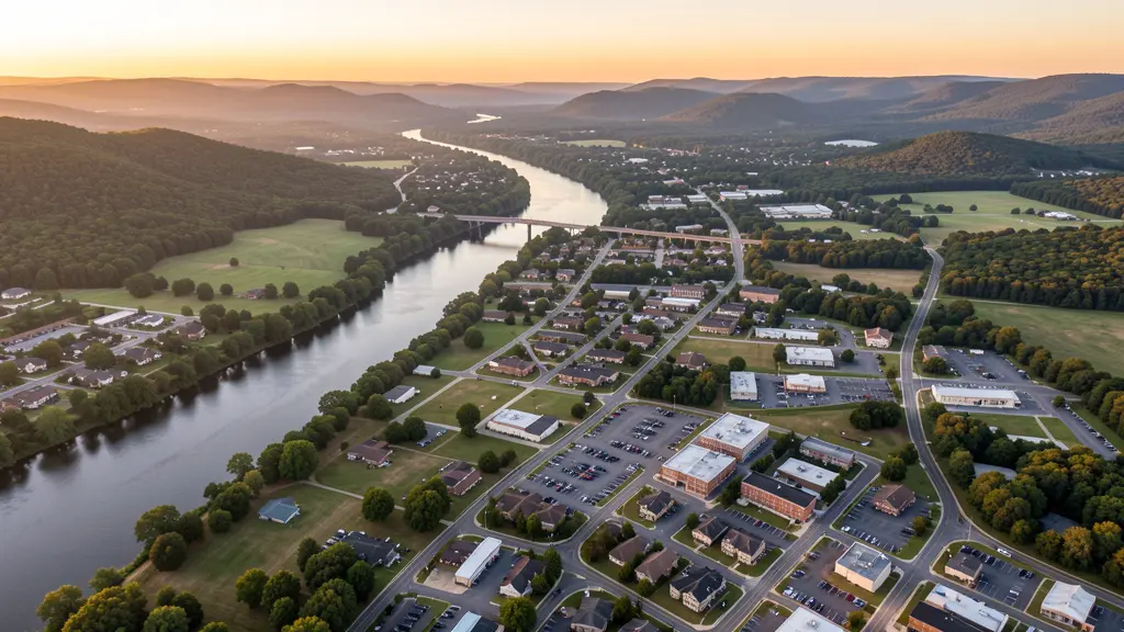 Aerial view of Van Buren, AR showing the local landscape and terrain relevant to aerial imaging operations