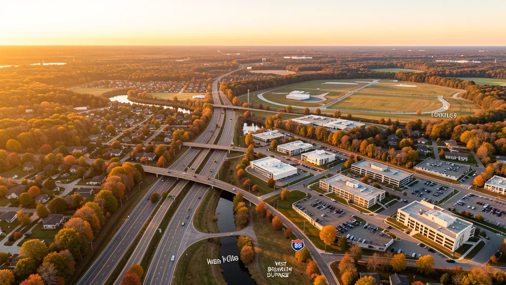 Aerial view of Warrenville, IL showing the local landscape and terrain relevant to aerial imaging operations