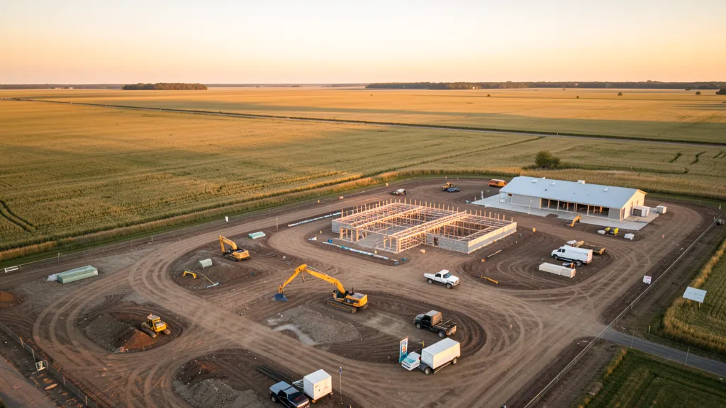 aerial imaging in progress at a construction site in Waukegan, IL with local terrain visible