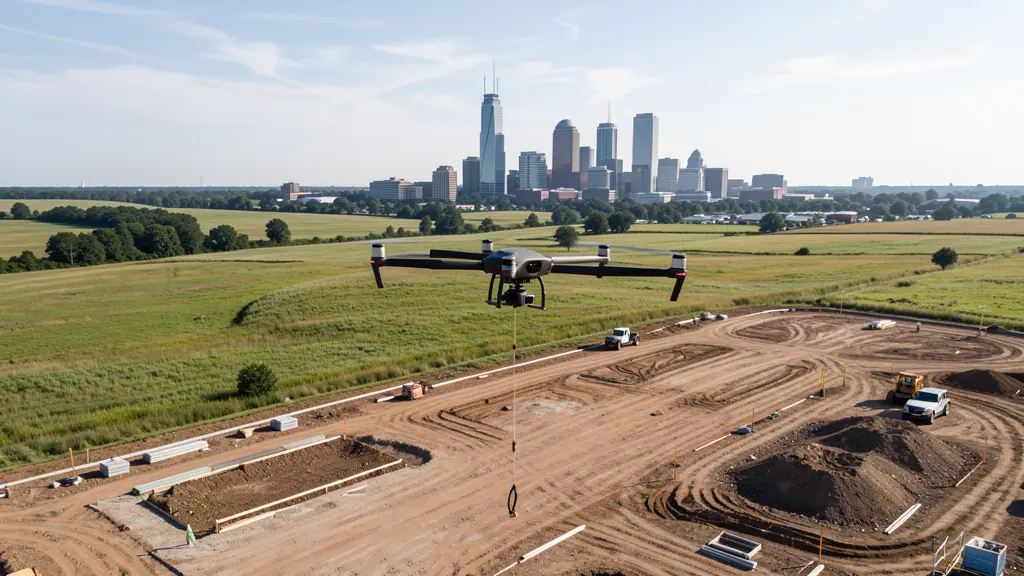 aerial imaging in progress at a construction site in Wentzville, MO with local terrain visible