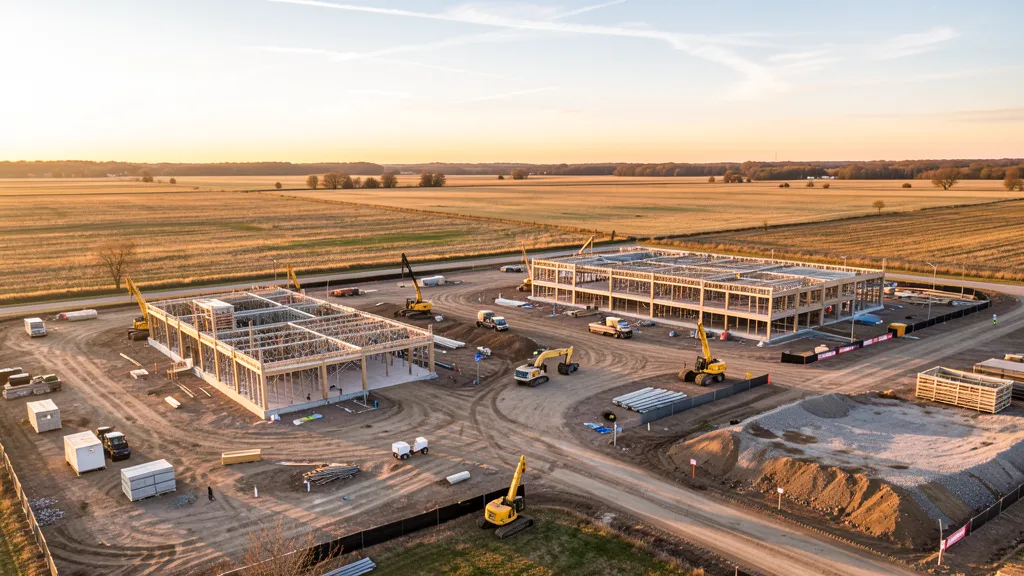 aerial imaging in progress at a construction site in West Chicago, IL with local terrain visible