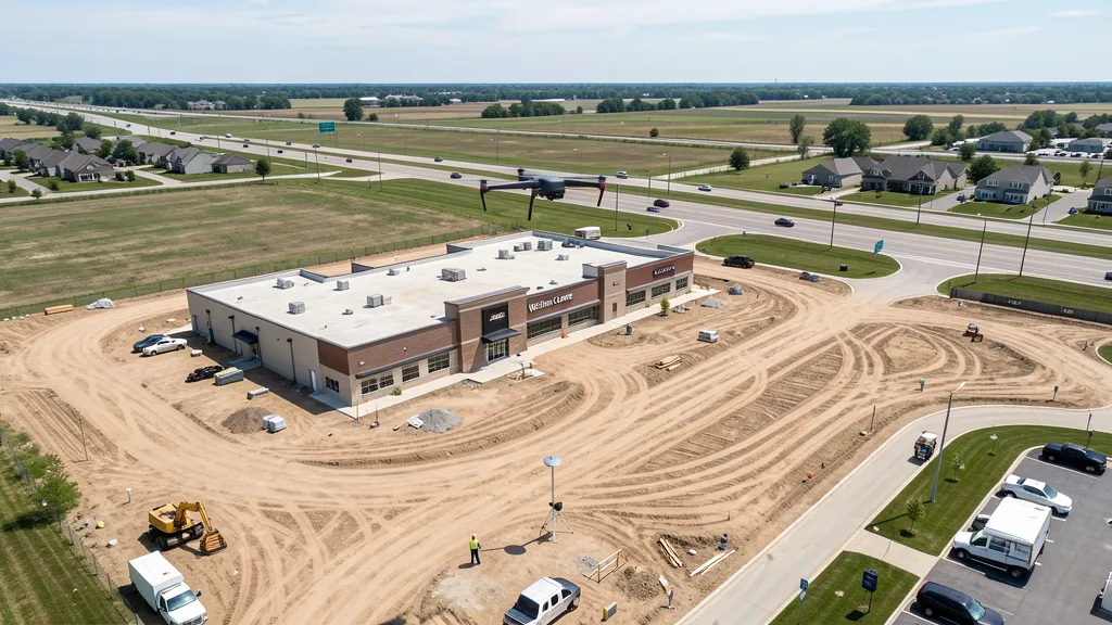 aerial imaging in progress at a construction site in Westland, MI with local terrain visible