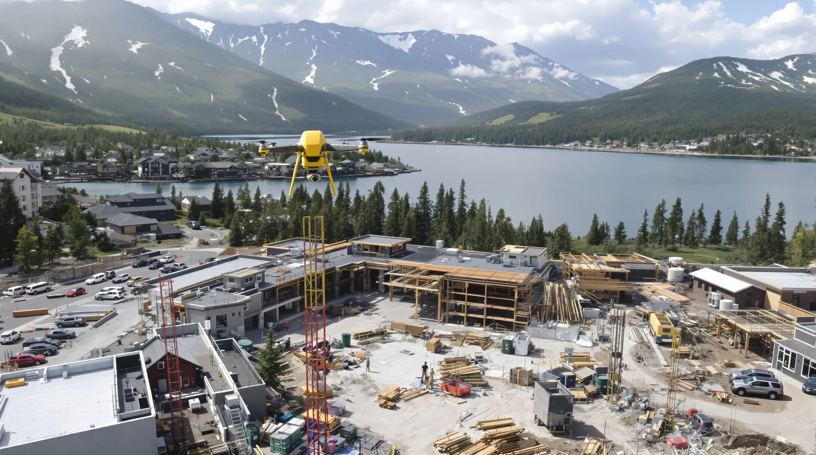 aerial imaging in progress at a construction site in Whitefish, MT with local terrain visible
