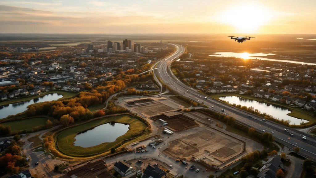 aerial imaging in progress at a construction site in Woodbury, MN with local terrain visible