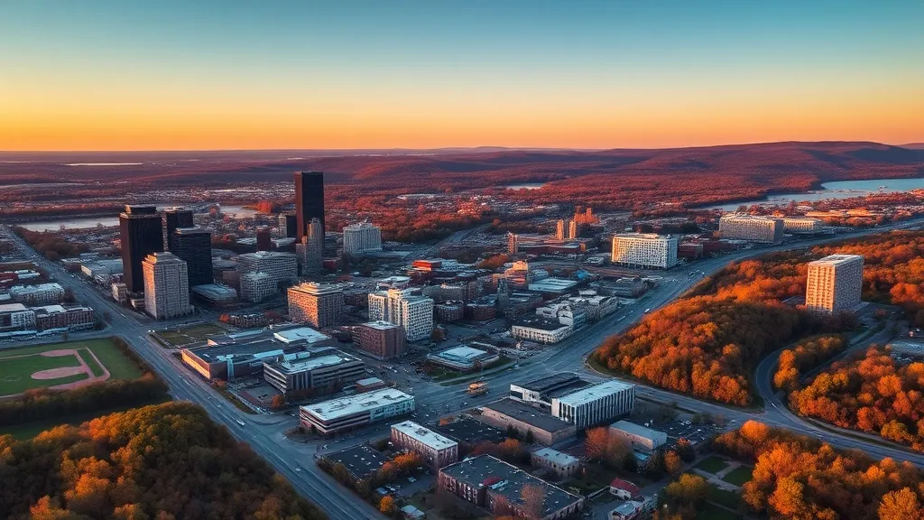Aerial view of Worcester, MA showing the local landscape and terrain relevant to aerial imaging operations