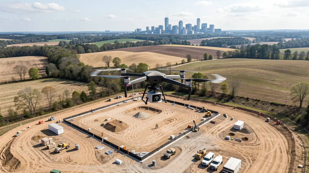 aerial imaging in progress at a construction site in York, PA with local terrain visible