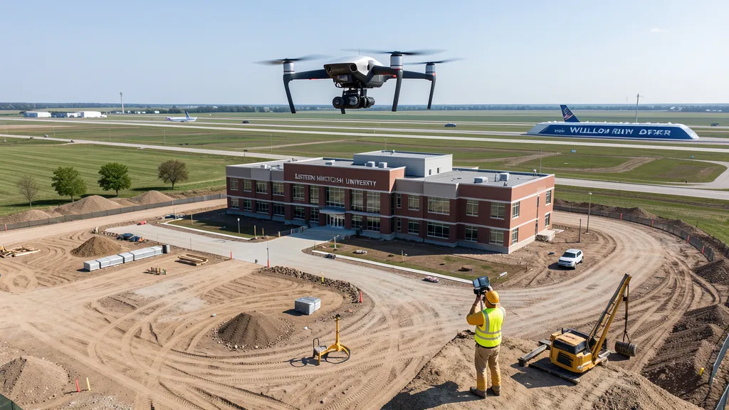 aerial imaging in progress at a construction site in Ypsilanti, MI with local terrain visible
