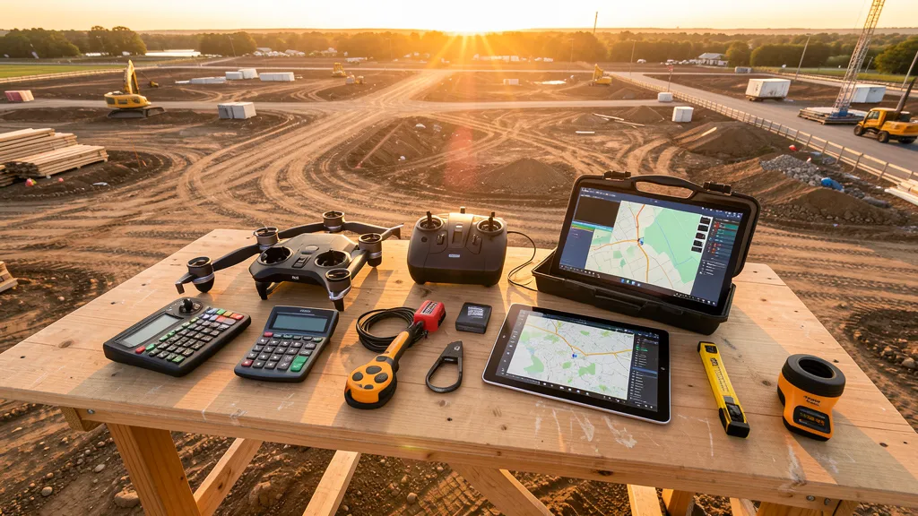 Drone imaging tools and equipment laid out at a construction site